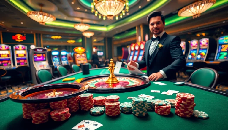 Experience the thrill of gambling at DR88 with vibrant casino tables, poker chips, and roulette.