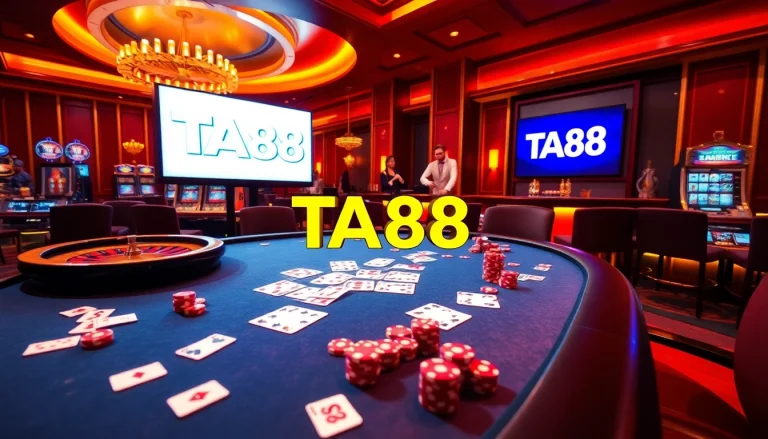 A vibrant casino scene showcasing action with players engaging at TA88 gambling tables.