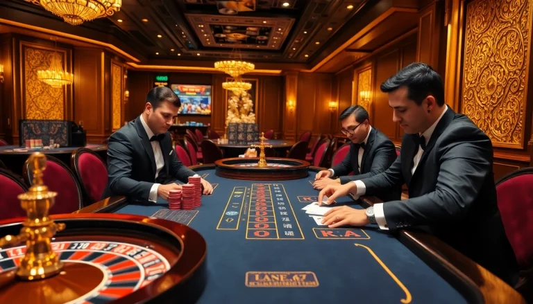 Glamorous casino scene highlighting players engaging with nhà cái MM88 at elegant tables.