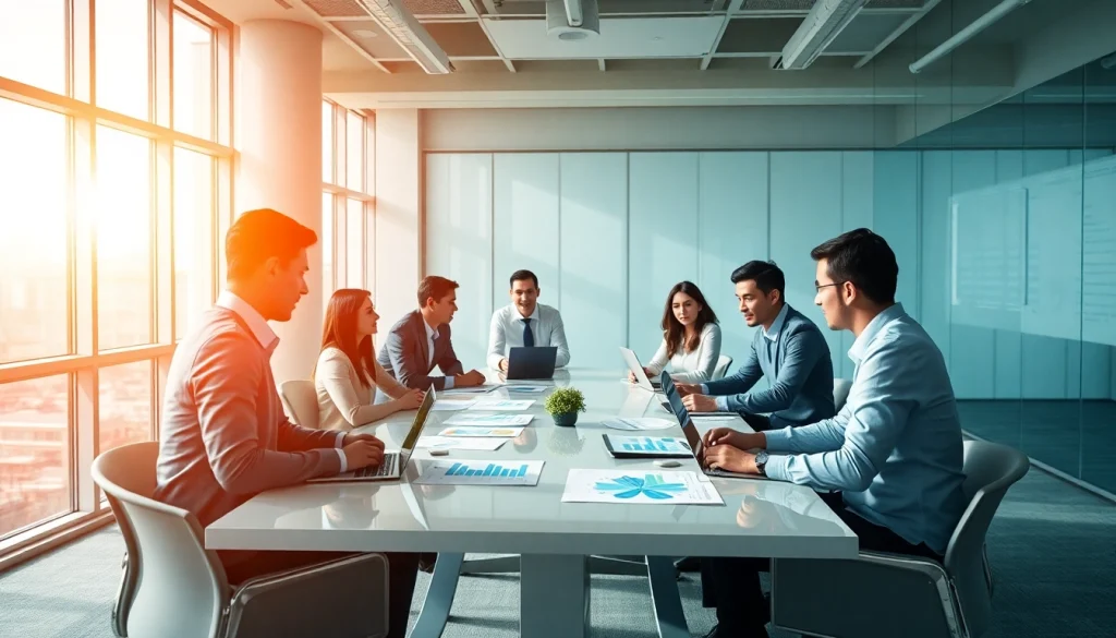 Dynamic professionals discussing ERP yazılım solutions in a modern office setting.