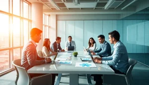 Dynamic professionals discussing ERP yazılım solutions in a modern office setting.