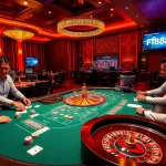 fb88 players passionately engaging at a vibrant casino gaming table with poker cards and chips.