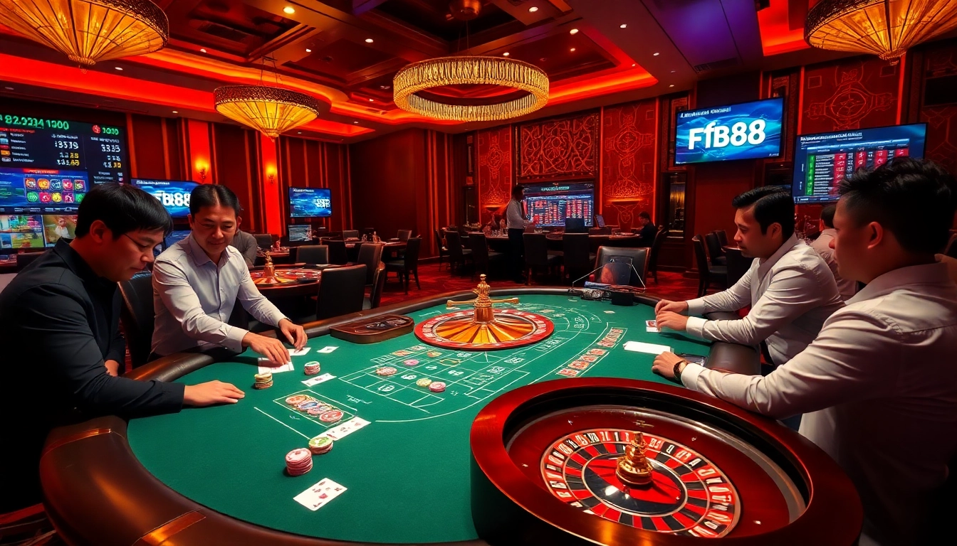 fb88 players passionately engaging at a vibrant casino gaming table with poker cards and chips.
