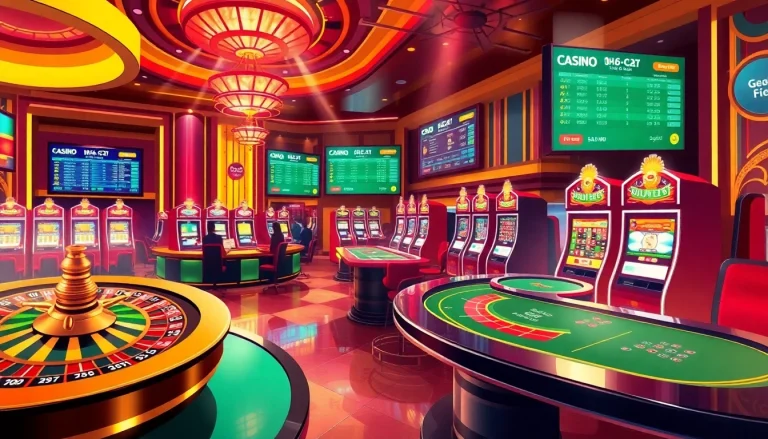 Kèo nhà cái representation in a luxurious casino scene featuring vibrant roulette wheels and poker tables.
