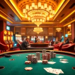 Exciting scene of professional gamblers at a high-stakes poker table at https://f168.news/, showcasing chips and cards.
