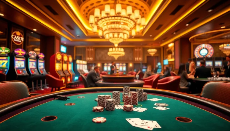 Exciting scene of professional gamblers at a high-stakes poker table at https://f168.news/, showcasing chips and cards.