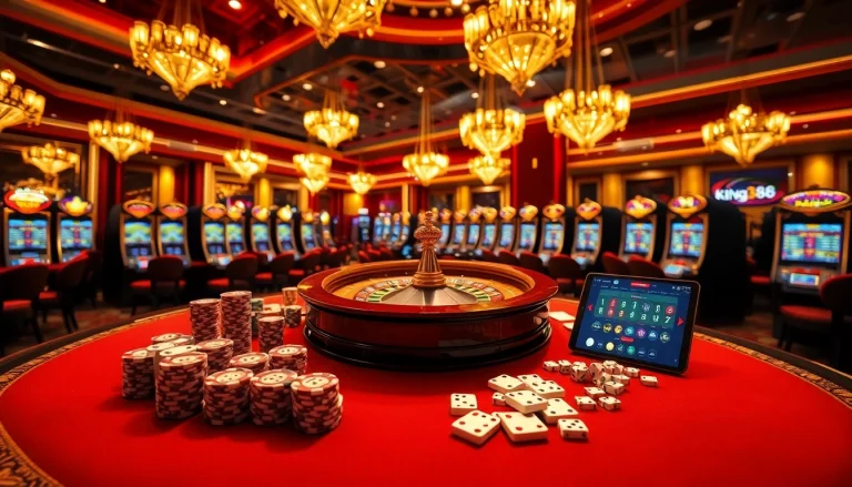 Experience the thrill of gambling at https://king88b.us.com/ with vibrant casino elements like cards, dice, and slot machines.
