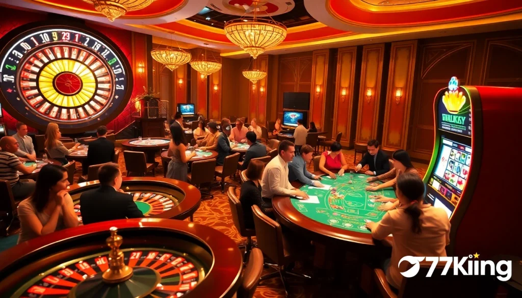 Engaged gamblers enjoying a luxurious casino experience at 79king with vibrant roulette and poker tables.