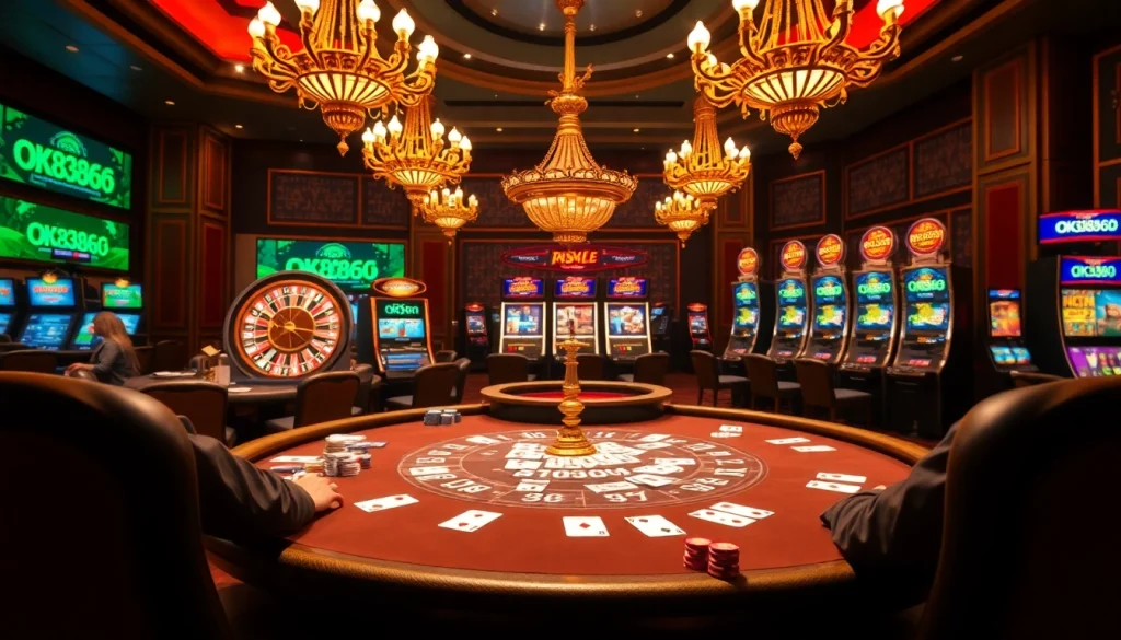 Exciting casino scene showcasing a poker table and gambling elements with branding of ok8386.com.
