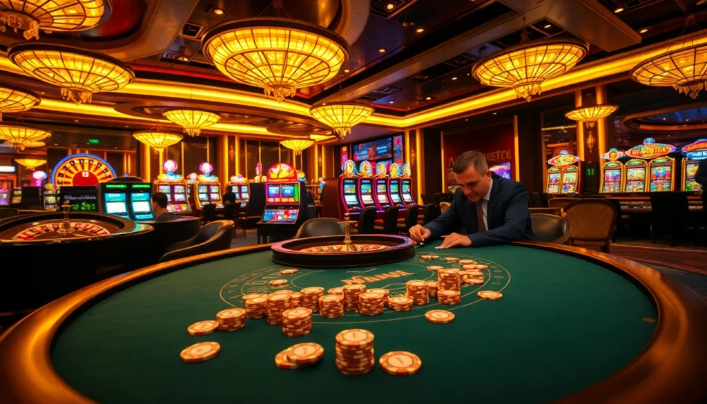 Experience luxury gambling with DA88 at a vibrant casino table filled with players.