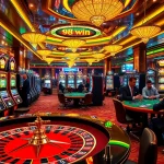 Experience the thrill of 98 win at a luxurious casino, showcasing vibrant slot machines and intense poker games.