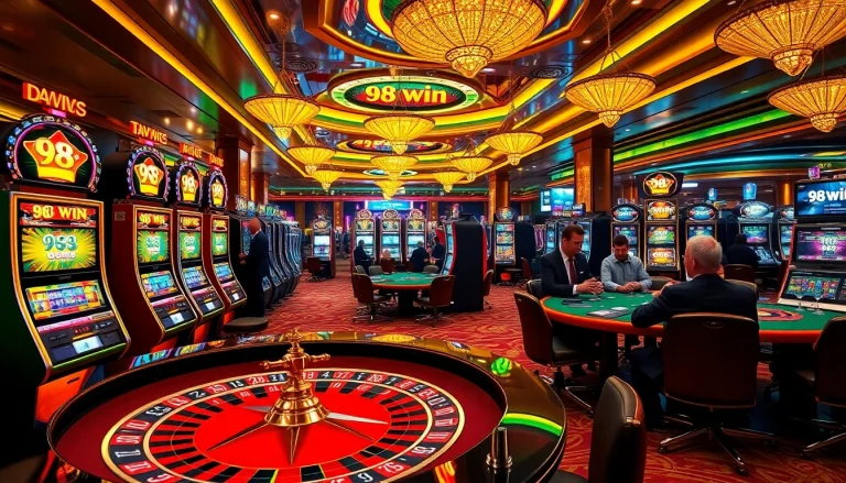 Experience the thrill of 98 win at a luxurious casino, showcasing vibrant slot machines and intense poker games.