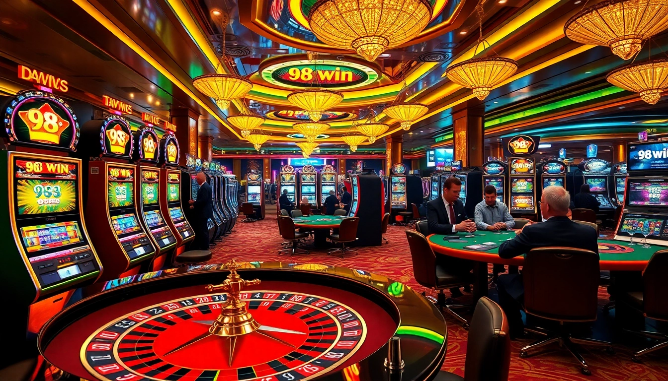 Experience the thrill of 98 win at a luxurious casino, showcasing vibrant slot machines and intense poker games.