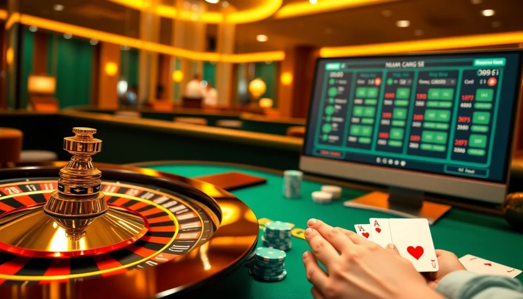 Experience the thrill of Nhà cái S8 with a stunning casino interface featuring poker chips and a roulette wheel.