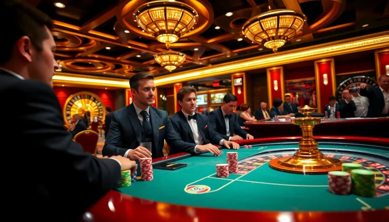 Players enjoy poker at a glamorous ta88c casino, surrounded by chips and a roulette wheel.