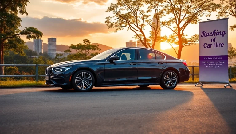 Kuching car hire featuring a luxury vehicle in a scenic landscape with lush greenery and a modern skyline.