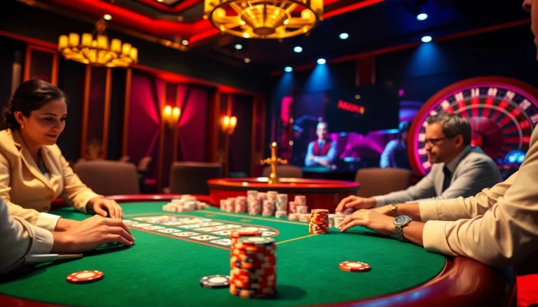 Exciting casino experience at https://f168.studio/ featuring a poker game with vibrant cards and chips.