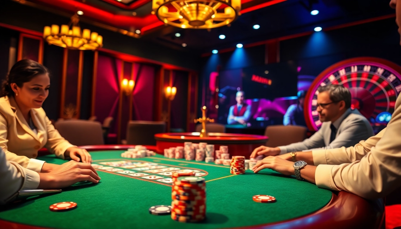 Exciting casino experience at https://f168.studio/ featuring a poker game with vibrant cards and chips.