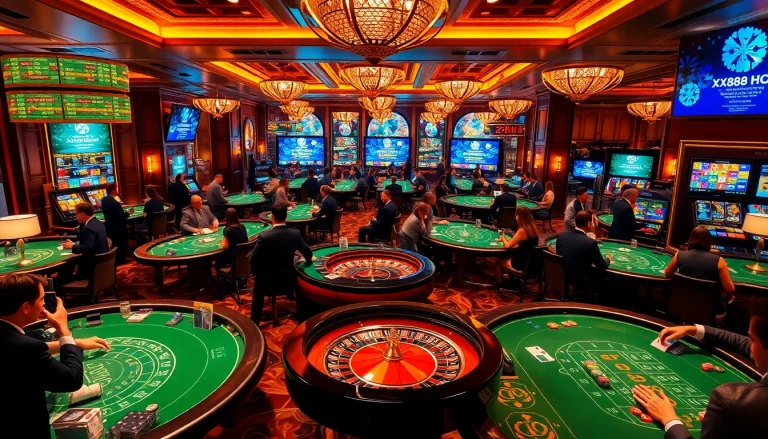 Experience the excitement of gambling with XX88 HOW in a vibrant casino setting featuring cards, dice, and roulette.