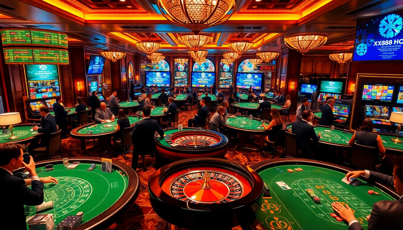 Experience the excitement of gambling with XX88 HOW in a vibrant casino setting featuring cards, dice, and roulette.