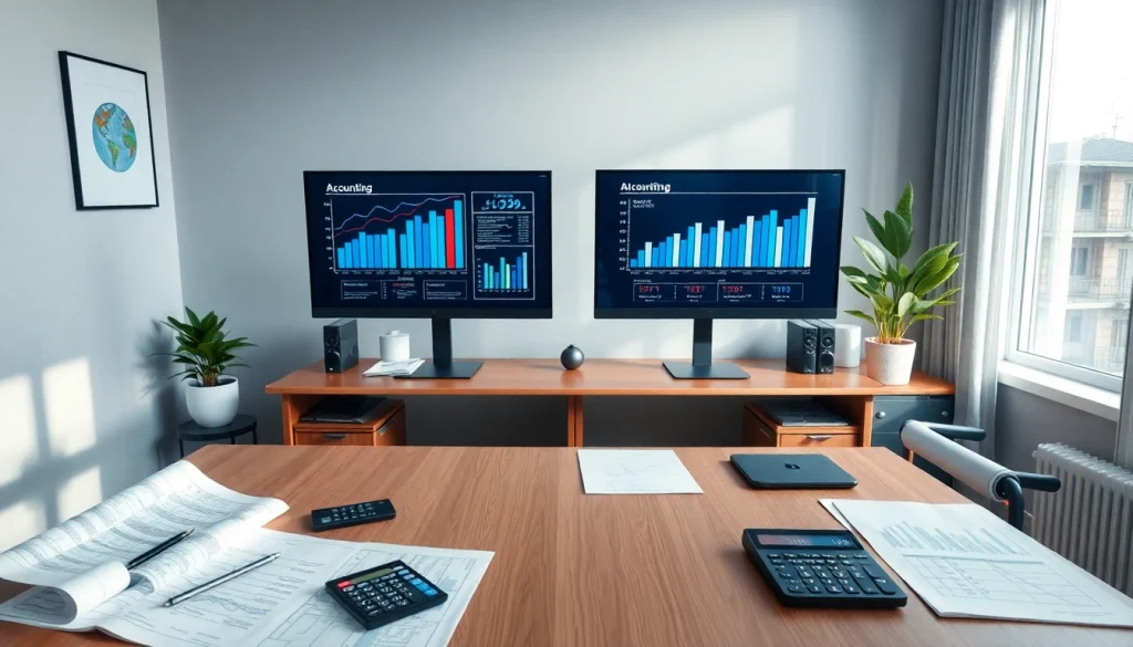 Biuro rachunkowe dla firmy budowlanej z uporządkowaną przestrzenią roboczą księgowego, prezentującą wykresy finansowe i plany budowlane.