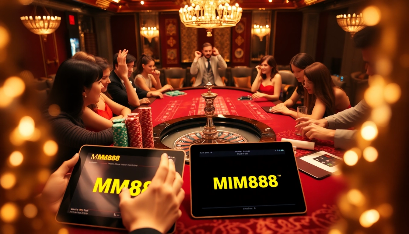 Engaging poker players enjoying a thrilling game at MM88 casino with vibrant chips and digital interface.