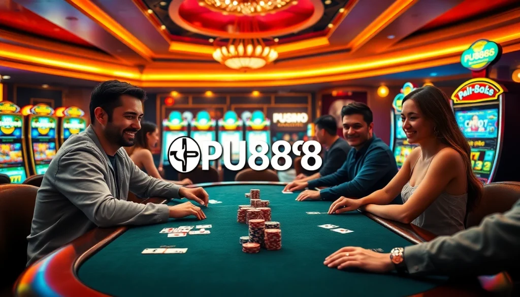 Players enjoying a thrilling poker game at PU888 casino, showcasing vibrant slot machines and elegant decor.