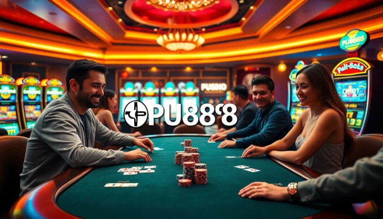 Players enjoying a thrilling poker game at PU888 casino, showcasing vibrant slot machines and elegant decor.