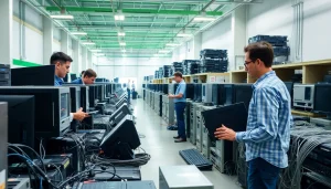 Promote free computer disposal by showcasing a recycling facility responsibly sorting old electronics.