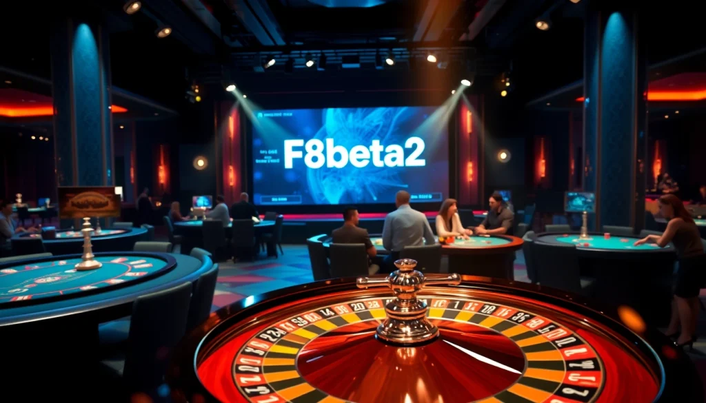 Gamblers engaging at a luxury casino featuring F8beta2 interface and roulette action.