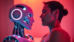 Embrace the future of intimacy with sex AI depicted through a modern robot and human interaction in a warm atmosphere.
