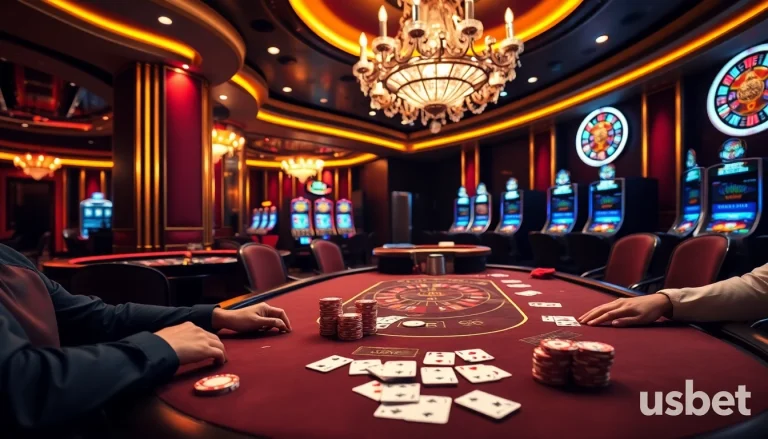 Players enjoying a thrilling game of poker at a luxurious casino table, highlighting usbet's exciting atmosphere.