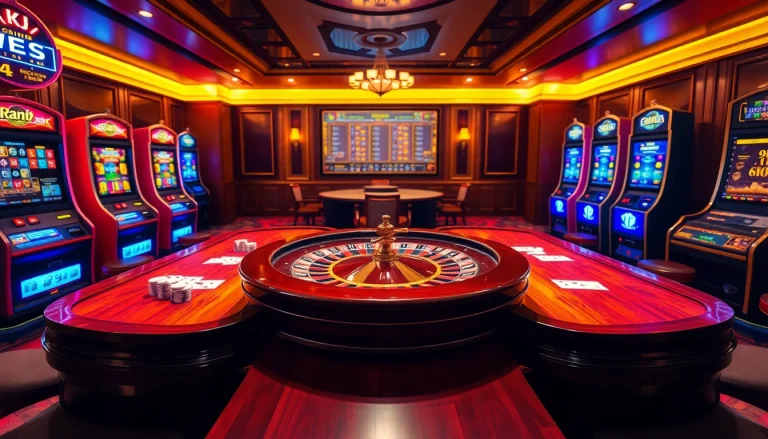 KJC casino gaming room featuring a roulette wheel, poker table, and vibrant slot machines.