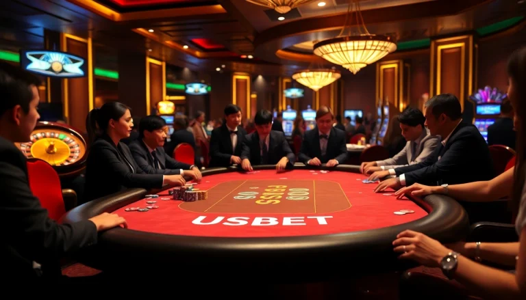 Experience the thrill of USBET gaming with vibrant poker tables and professional dealers.