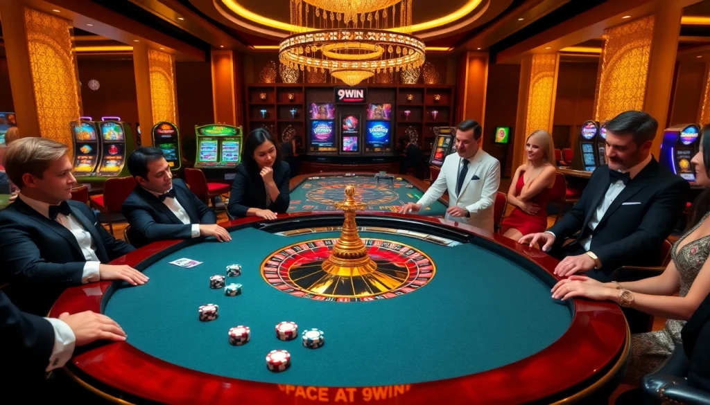 Exciting gambling experience at 9WIN with roulette, poker chips, and a live dealer.