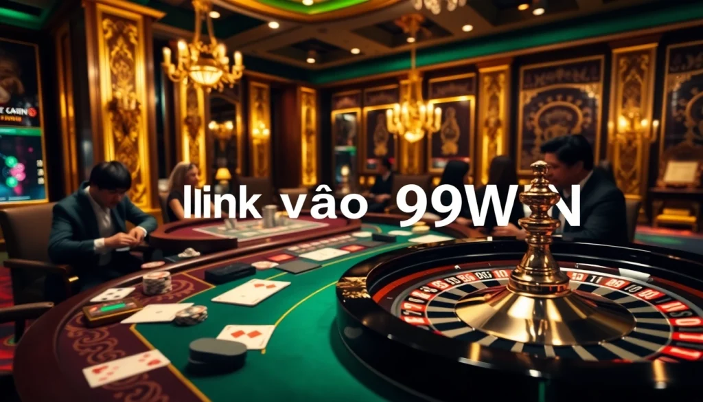 Engage in online gaming with link vào 99WIN on a luxurious casino layout featuring a roulette wheel.