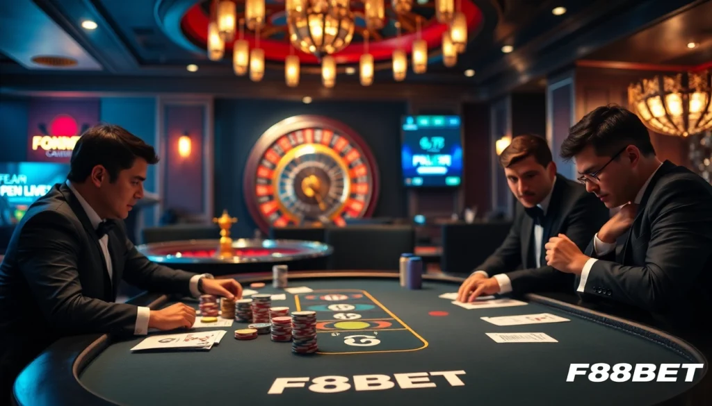 F8BET poker game with professional players and vibrant casino atmosphere