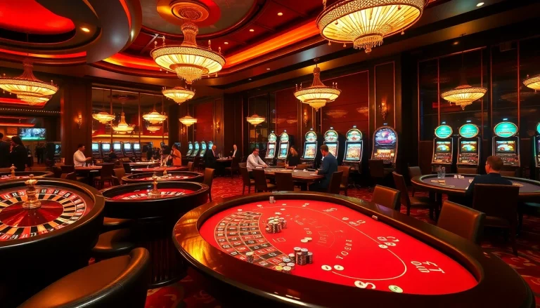 FABET casino experience featuring players at roulette and poker tables immersed in gaming excitement.