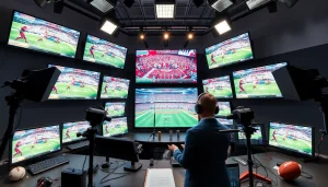 Engaging sports broadcasting scene showcasing a commentator at work with responsive technology.