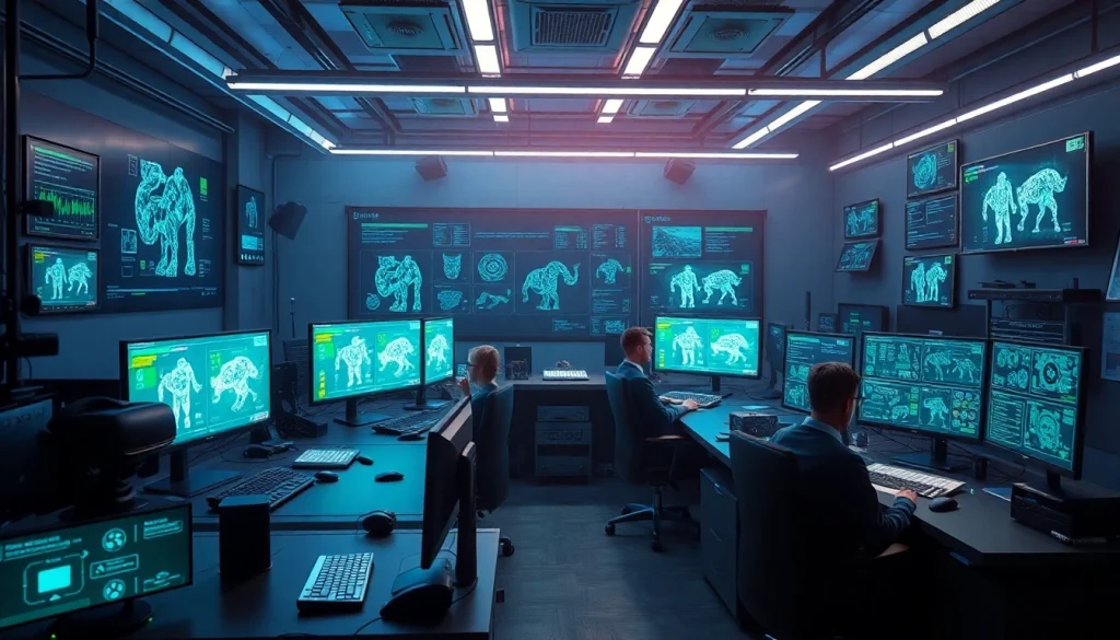 Futuristic game AI development studio showcasing innovative technology and character designs.