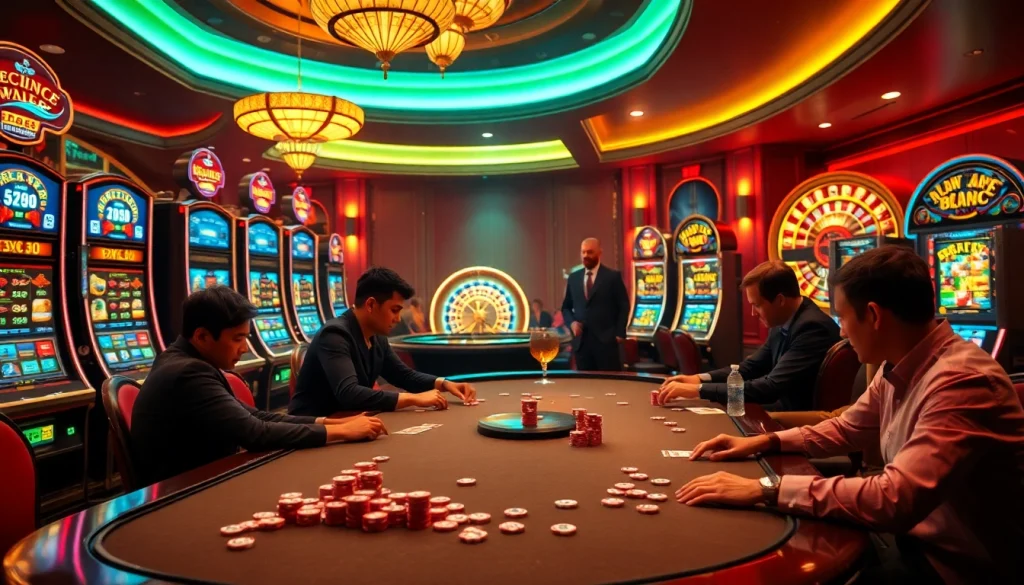 Engaged players in a stunning sumvip casino scene at a poker table with vibrant slot machines.