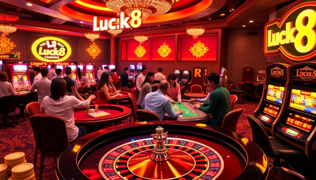 Luck8 players enjoying an exciting Casino atmosphere with vibrant games and poker tables.