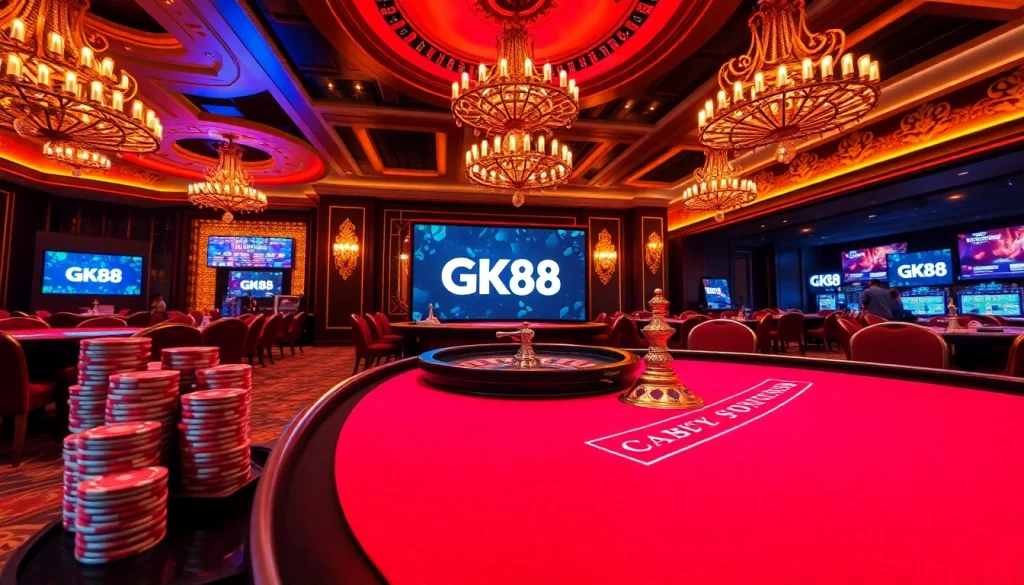 Experience thrilling moments at GK88's vibrant casino tables with lights and poker chips.