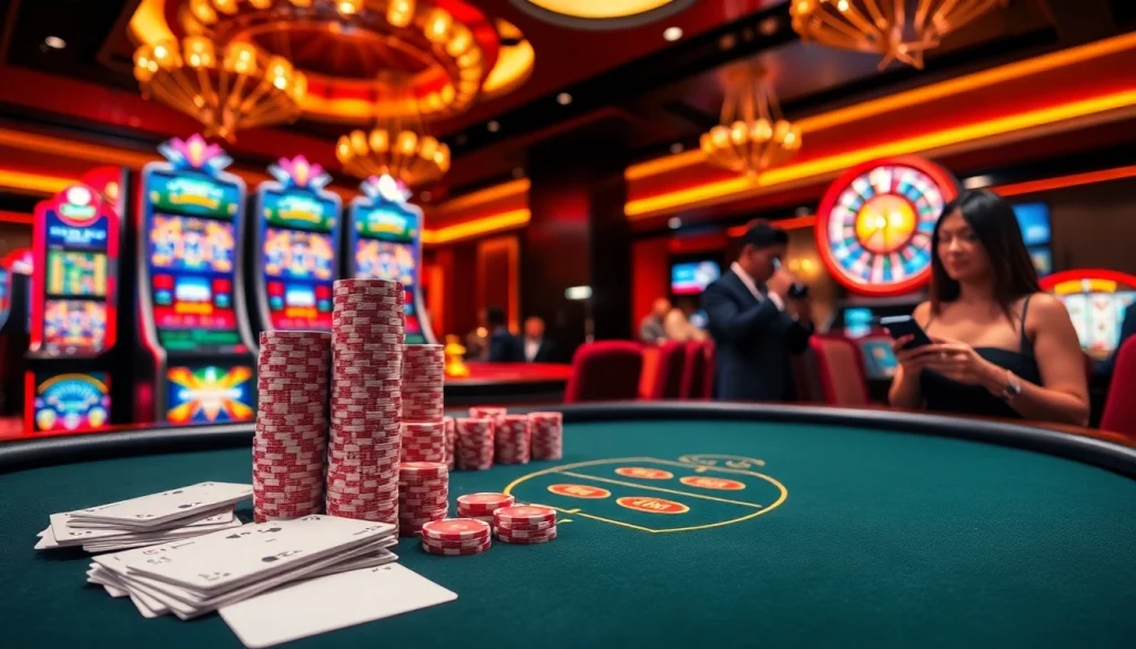 Experience the excitement of 78win at a luxurious casino with vibrant slot machines and poker tables.