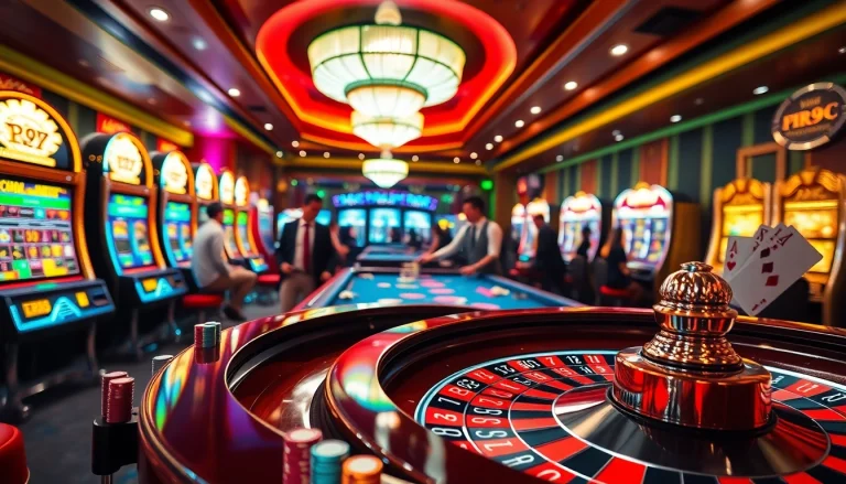 Exciting gambling scene at a casino featuring the Link RR99 theme with roulette and poker elements.