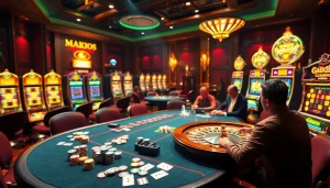 Players enjoying thrilling games at a luxury casino table, inspired by https://88vv.media/ with vibrant poker chips and cards.