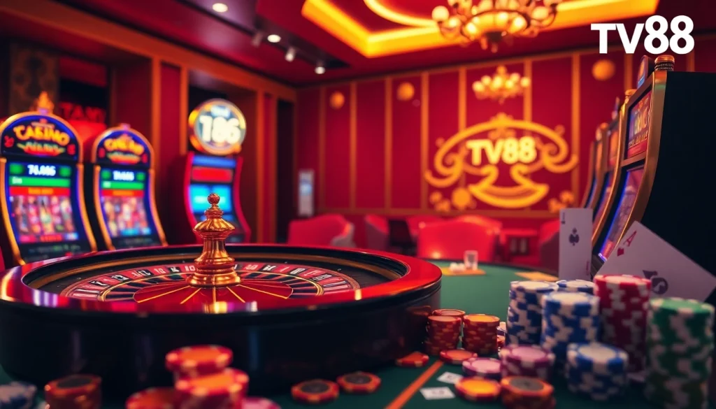 Exciting casino experience featuring TV88 branding with poker chips and roulette in action.