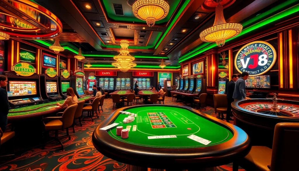 Experience the excitement of gambling at https://vj88.com/ with vibrant casino visuals showcasing poker tables, roulette wheels, and slot machines.