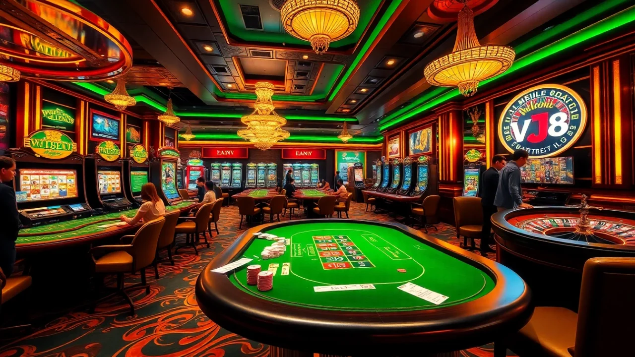 Experience the excitement of gambling at https://vj88.com/ with vibrant casino visuals showcasing poker tables, roulette wheels, and slot machines.