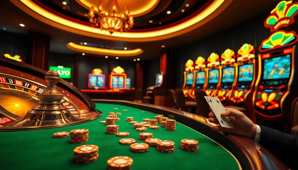 Engaging scene at Nhà cái KP88 Casino, vibrant gaming tables and luxury slot machines.